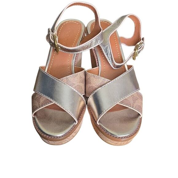 Coach Women's Size 7 Tan Gold Cork Leather Ankle Strap Wedge Sandals - Picture 3 of 8